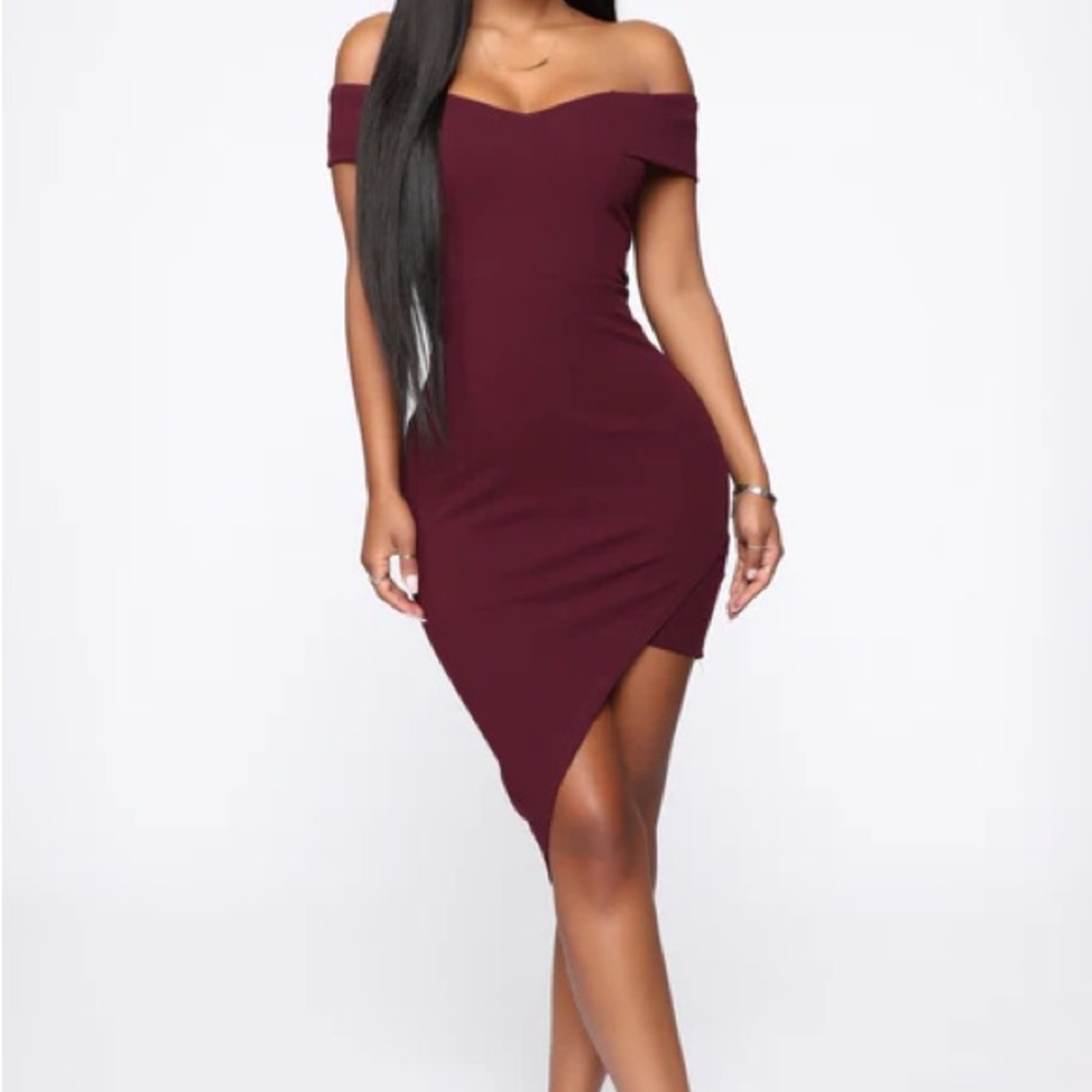 Fashion Nova Burgundy Asymmetrical Off-Shoulder Dress